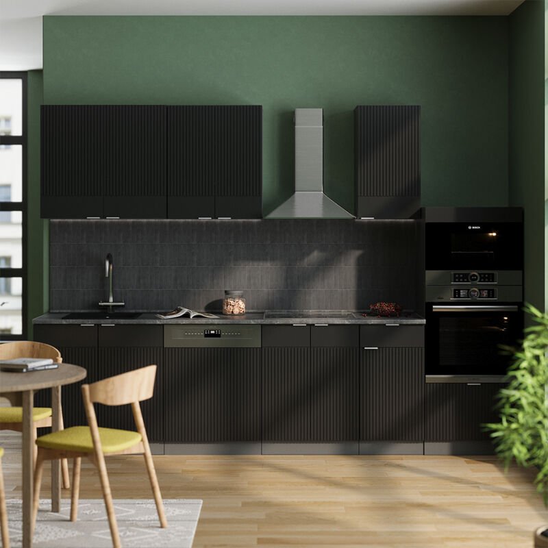 Küchenzeile Fame-Line, Schwarz gestreift/Anthrazit, 300 cm mit Hochschrank, ohne Arbeitsplatte, Vicco