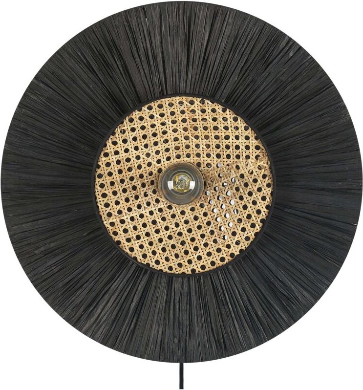 Wandleuchte Schwarz Papier und Rattan Rund Wiener-Geflecht Glühbirnen-Optik Kabel mit Schalter Modern Boho Japandi Skand...