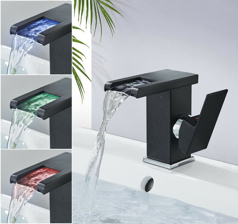 Badezimmer-Wasserhahn, modernes Wasserfall-Design, Waschbecken-Wasserhahn, schwarze LED, langlebig, heißes und kaltes Wa...