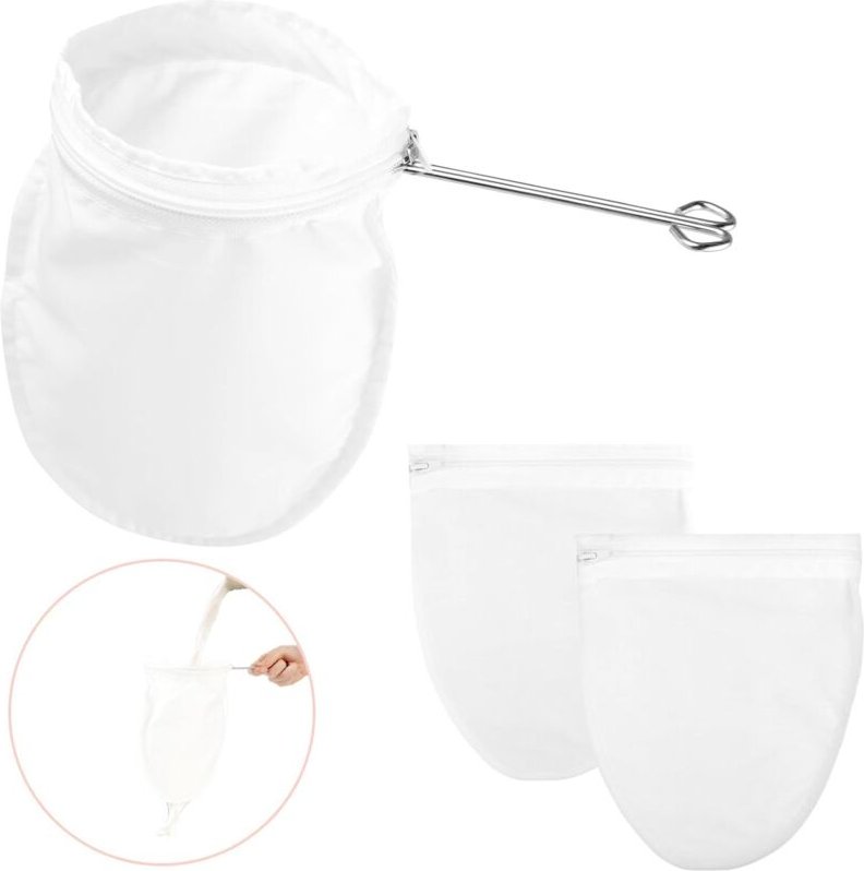 3er-Pack wiederverwendbare feinmaschige Filterbeutel mit Edelstahlgriff zum Filtern von Nüssen, Milch, Kaffee, Thai-Tee,...