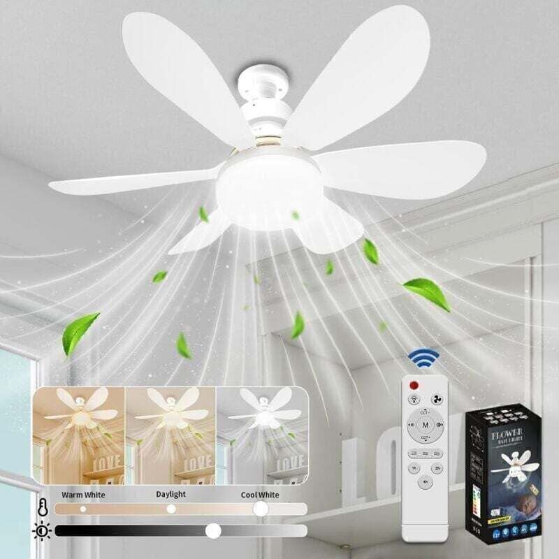 Deckenventilator mit Licht und Fernbedienung, dimmbarer LED-Deckenventilator mit integrierter 40-W-E27-Lampe, 6 Flügel, ...