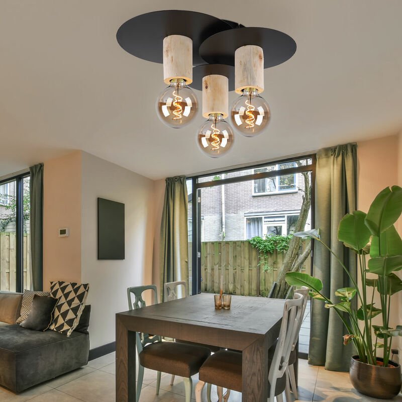 Etc-shop - Deckenlampe Holz Vintage Lampe E27 Deckenleuchte Deckenstrahler Holz, 3 flammig, Metall schwarz naturfarben, ...