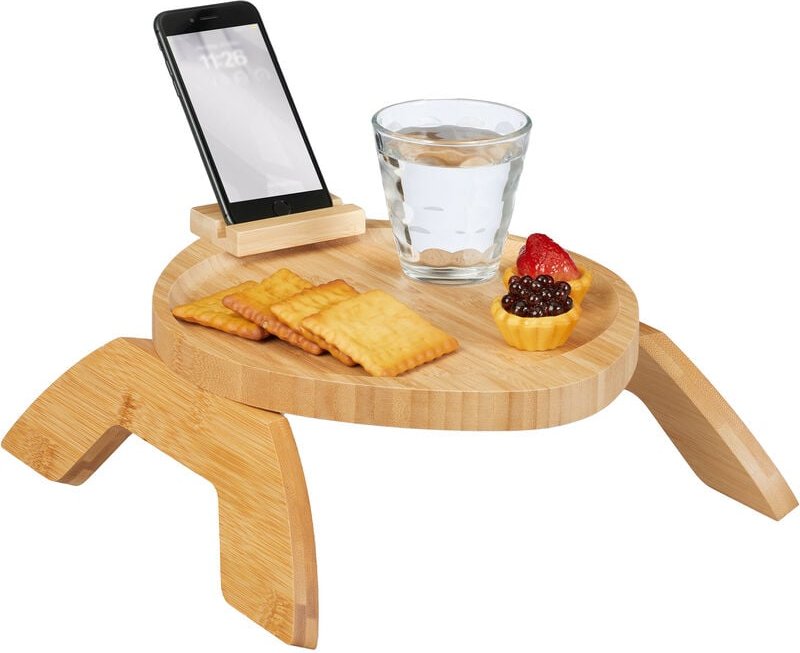 Thumbnail - Relaxdays Sofatablett Armlehne, Bambus, Armlehnentisch mit Handyhalterung, BxT: 25 x 30 cm, Sofaablage Getränke, natur