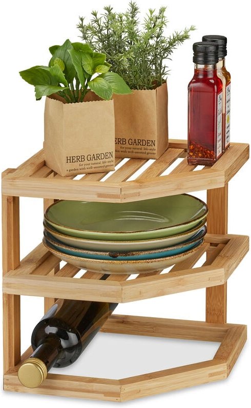 Relaxdays Schrankeinsatz Bambus, HBT 25,5 x 25,5 x 25,5 cm, Eckregal für Arbeitsplatte & Küchenschrank, 2 Ablagen, natur