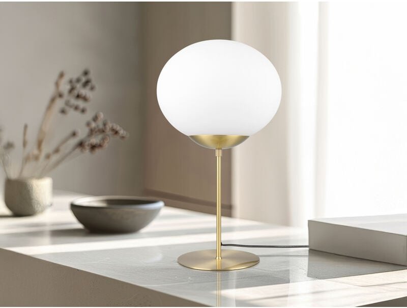 Große Retro led Tischleuchte Messing mit Glaskugel, Höhe 52cm