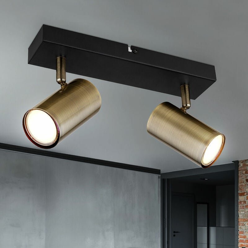 Deckenstrahler Spotleiste Schlafzimmerlampe, 2-flammig, Retrodesign, Strahler beweglich, Metall Messing, schwarz, 2x GU1...