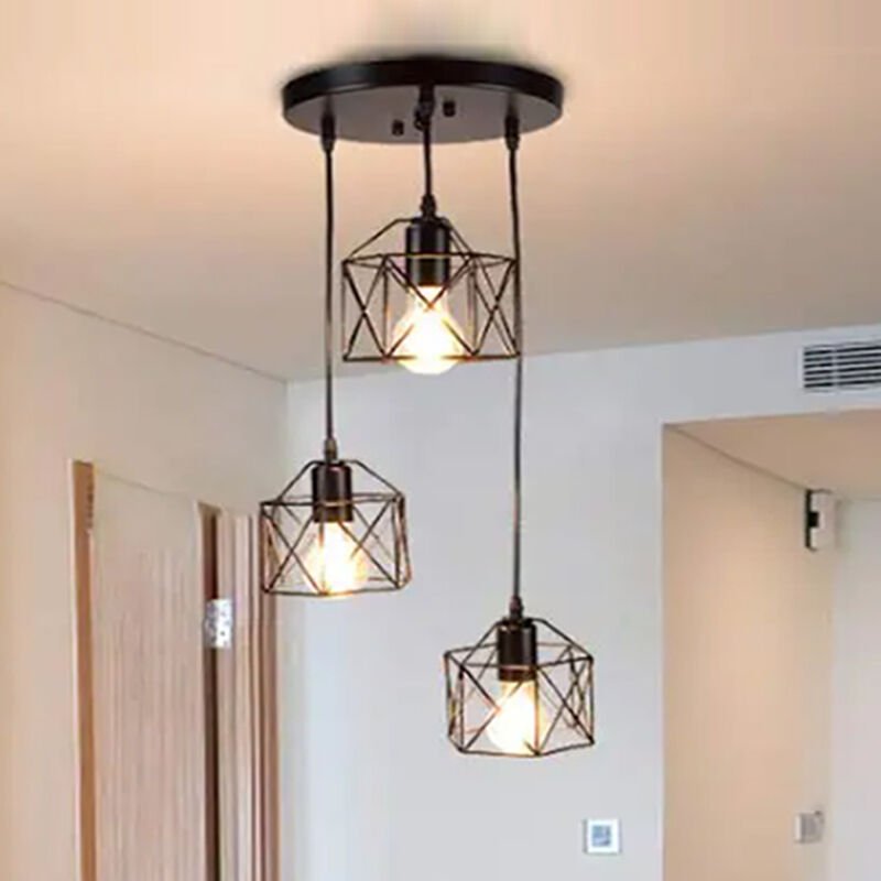 3-Flammige Industrie Pendelleuchte, Schwarz Hängelampe E27 Metall Käfig, Höhenverstellbar für Esszimmer Küche Wohnzimmer...