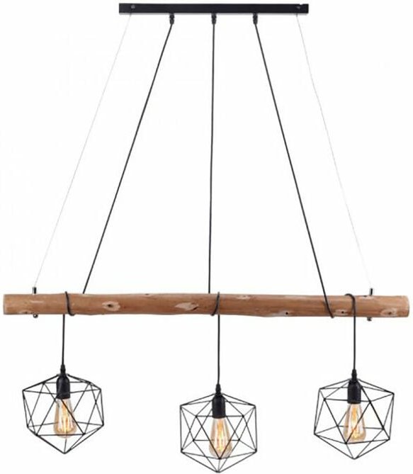 Hängeleuchte Pendellampe Esstischleuchte Wohnzimmerlampe Deckenleuchte, Metall schwarz Holz braun Gitterschirme, 3 Flamm...