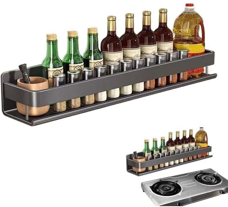 Wandmontiertes Gewürzregal, Küchengewürzablage, 50 cm, Aluminium-Organizer, Schwarz