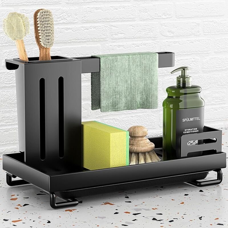 Spülbecken-Organizer, schwarz, Küchenspülen-Organizer, extra verstärkter Spülbecken-Organizer, Schwammhalter aus Edelsta...