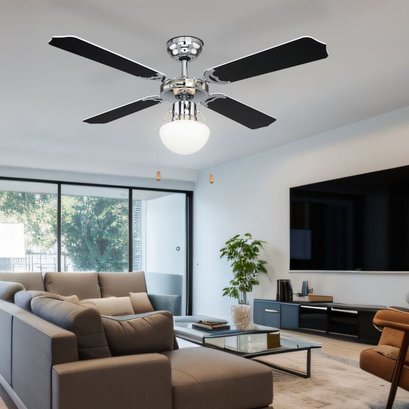 Deckenventilator mit Beleuchtung Vor Rücklauf Zugschalter Glas Lampe Windmaschine Lüfter, Metall chrom Glas, kühlen wärm...