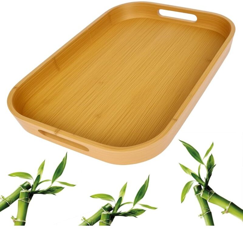 Rechteckiges Serviertablett aus Bambus – 40 x 28 x 5 cm – mit Griffen – Großes Serviertablett für Tee, Frühstück, Coucht...