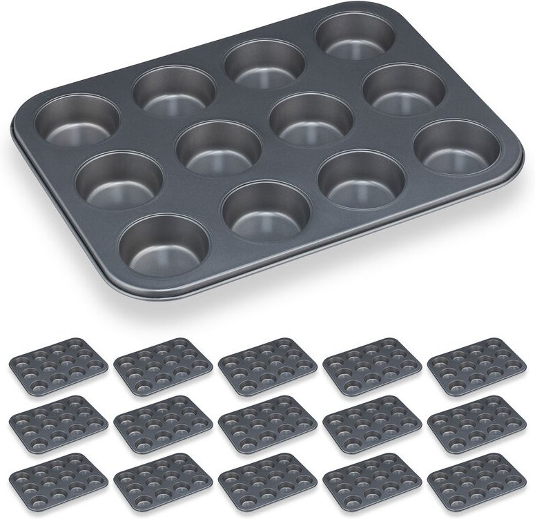 16 x Muffinform, 12er Muffinbleche, Cupcakeblech antihaftbeschichtet, Carbonstahl, Muffins & Cupcakes, Ø 6,5 cm, grau