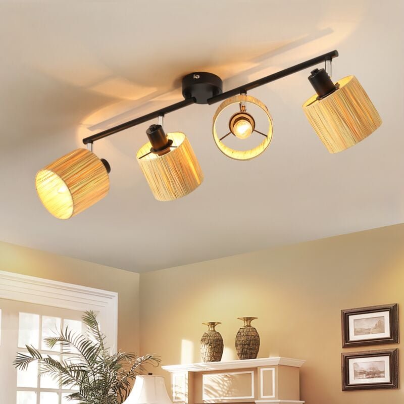 Deckenstrahler 4 Flammig Deckenleuchte Wohnzimmer - Deckenspots Vintage Strahler Innen Schwarz Natürlich Deckenlampe E14...