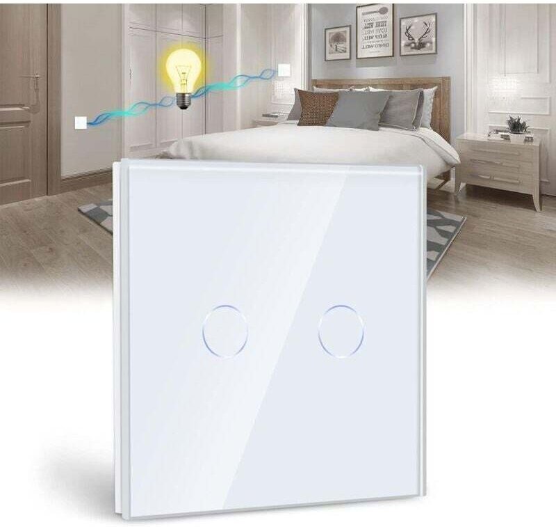 Berührungsschalter, weißer 2-fach-Wechsellichtschalter mit LED-Anzeige, Berührungssensor, Kristallglasplatte – ohne Neut...