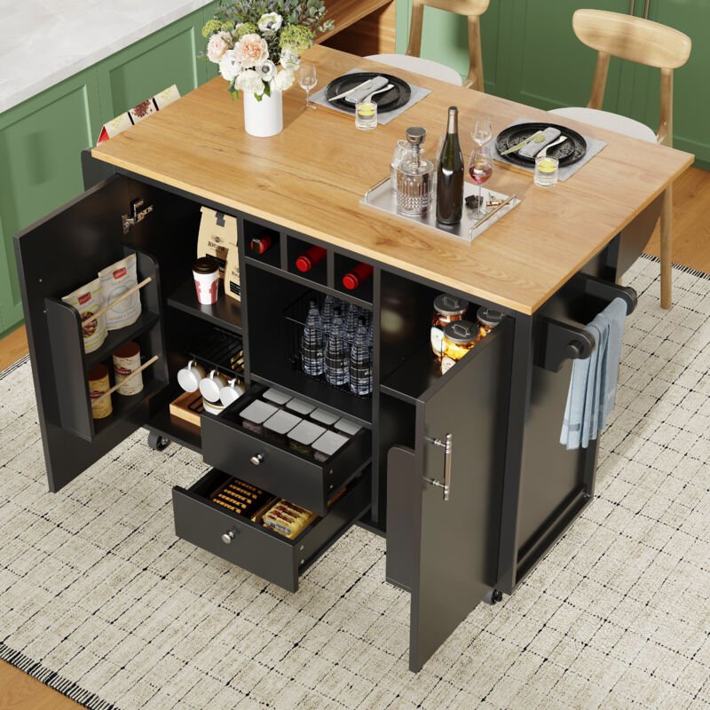 Kücheninsel 120 x 73 (45) x 92 cm, klappbare Arbeitsplatte, Flaschenregal und verstellbare Ablagen, weiß und schwarz