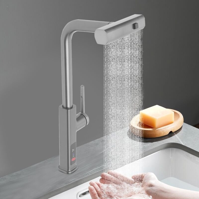 Küchenarmatur mit herausziehbarer Brause, Wasserhahn mit LED-Temperaturanzeige