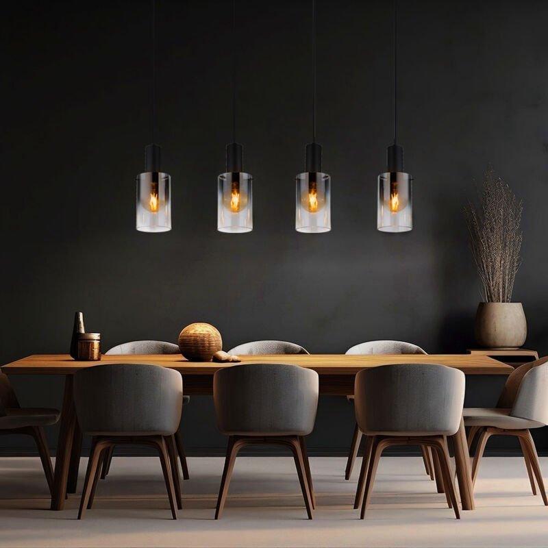 Pendellampe Pendelleuchte Esstischleuchte Wohnzimmerlampe Hängeleuchte Lampe, 4 Flammig Rauchglas Metall schwarz, E27 Fa...