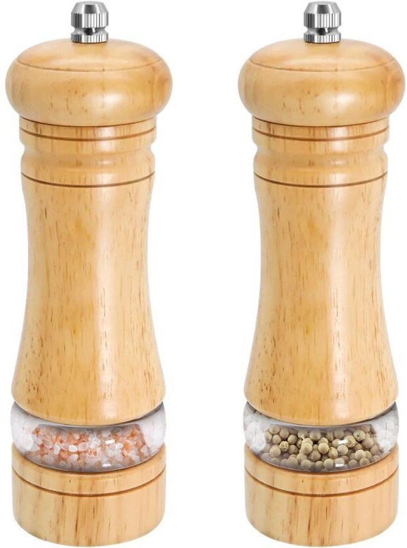 Set aus 2 hölzernen Pfeffermühlen mit verstellbarer, manueller Pfeffermühle aus Massivholz, Untertasse und Sichtfenstern...