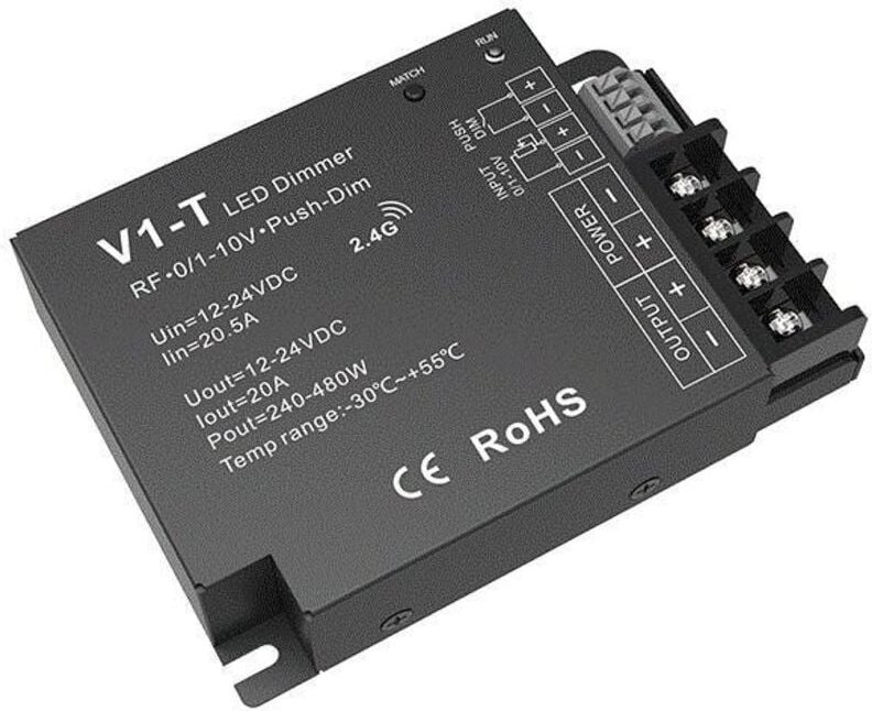 Controller-Dimmer für einfarbige LED-Streifen 12/24V dc kompatibel mit RF-Fernbedienung, 0/1-10V Dimmer und Taster