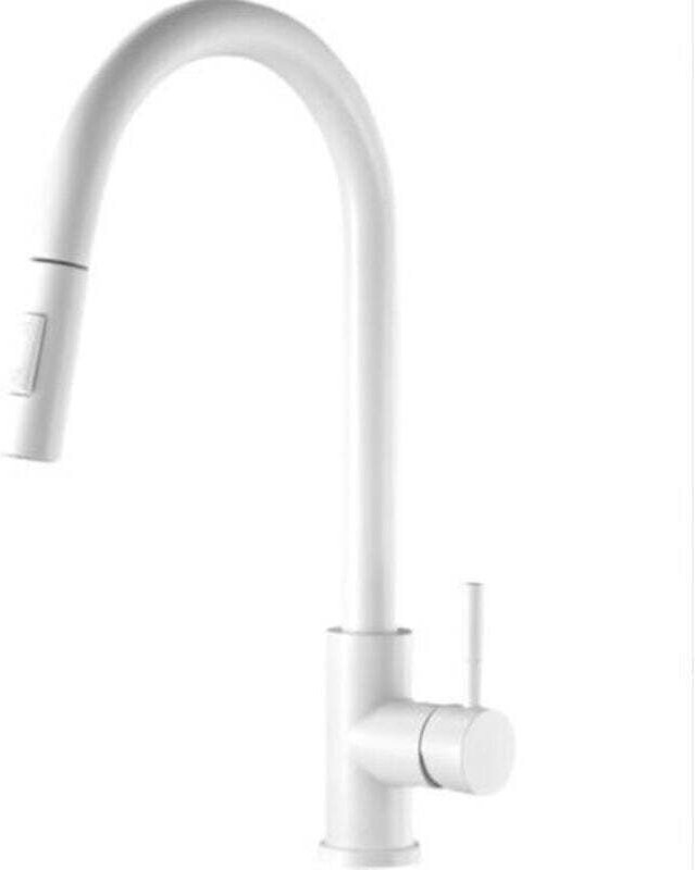 Weißer Küchenwasserhahn, Kalt-, Warmwasser, schwenkbar, zwei Funktionen, für Spülbecken, ausziehbar.