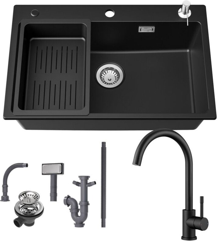 Granitspüle 70×45 cm Küchenspüle Granit + Hochdruck Küchenarmatur, Aufsatz Spüle mit Abtropfkorb und Seifenspender