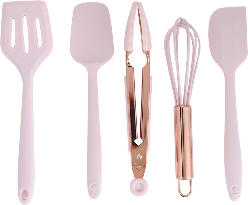 Küchenhelfer-Set aus Silikon, 5-teilig, mit antihaftbeschichtetem Spatel und Schneebesen, rosa.