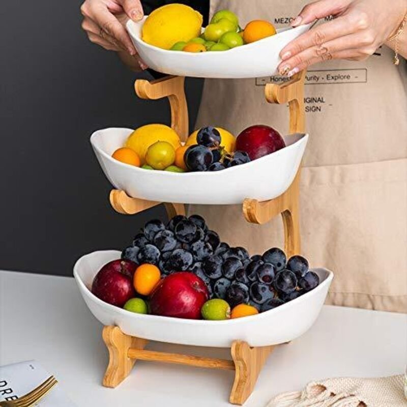 Dreistöckiger Obstkorb für die Küchentheke mit Holzständer. Eleganter Obstkorb für Obst, Gemüse, Snacks und Desserts. We...