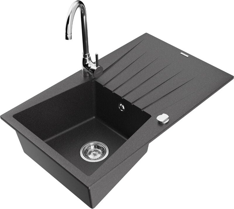 Cesar 1 Becken-Granitspüle mit Abtropffläche und Mischbatterie Telma, Schwarz gesprenkelt - 65 - Mexen