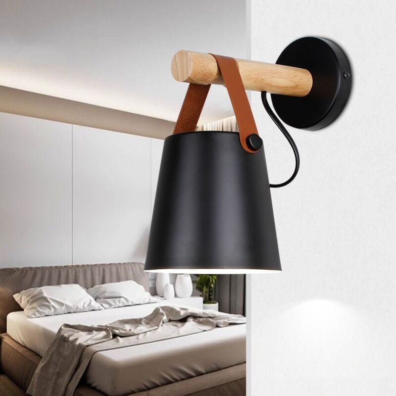 Led Wandleuchten Nordischen Wandlichter Holz Leder Metall Wandlampe für Kinder Korridor E27 Schwarz