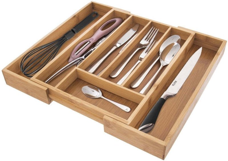 Adjustable bamboo organizer for cutlery and kitchen utensils