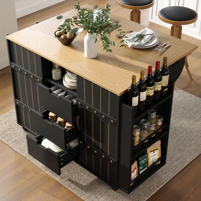 Küchenwagen 110x42x90cm mit klappbarer Platte, Seitenablagen, Rollen und Schubladen, schwarzes MDF