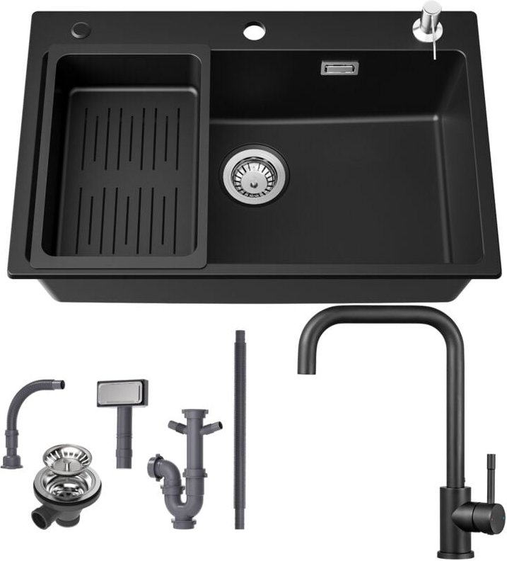 Cecipa Max - Granitspüle 70×45 cm Küchenspüle Granit + Hochdruck Küchenarmatur, Aufsatz Spüle mit Abtropfkorb und Seifen...