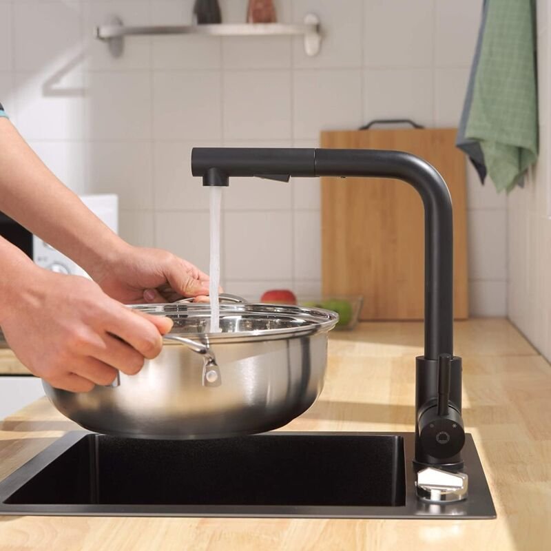 Schwarze Küchenarmatur, Küchenarmatur mit ausziehbarer Brause, 2-stufige Warm- und Kaltwasserarmatur, Küchenarmatur mit ...