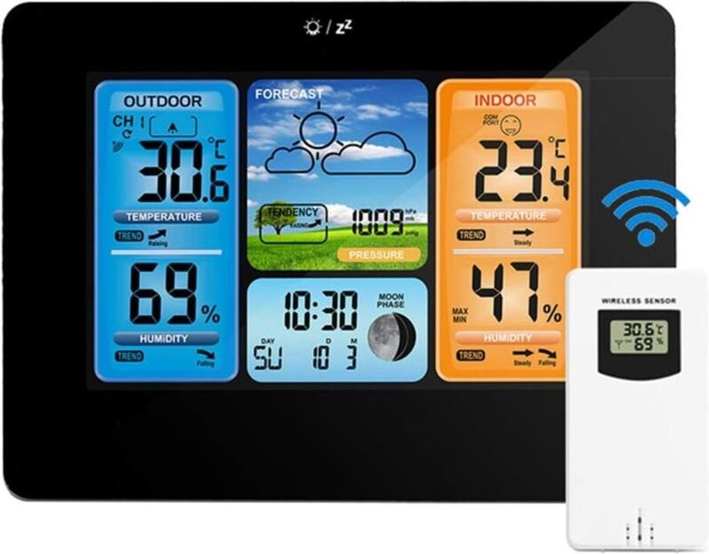 Drahtlose Wetterstationen für den Innen- und Außenbereich mit Warnmeldungen und Anzeige von Temperatur, Luftfeuchtigkeit...