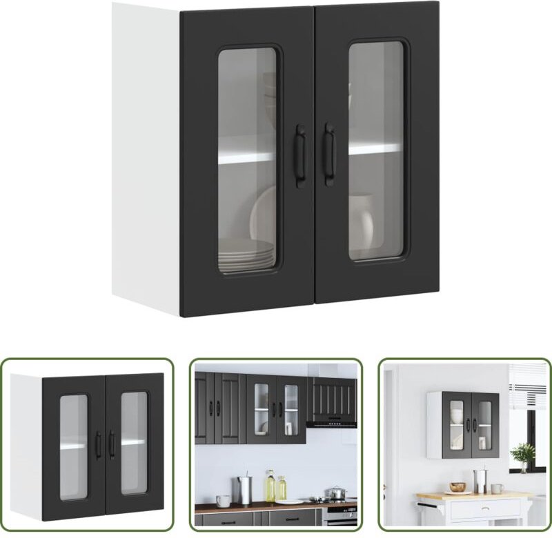 Küchenmöbel - Küchen-Hängeschrank mit Glastür Kalmar Schwarz Holzwerkstoff