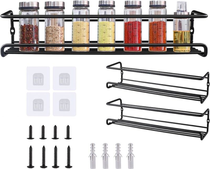 Wand-Küchengewürzregal, für Küchenschranktür, zum Kleben oder Bohren, schwarz (Set mit 2)