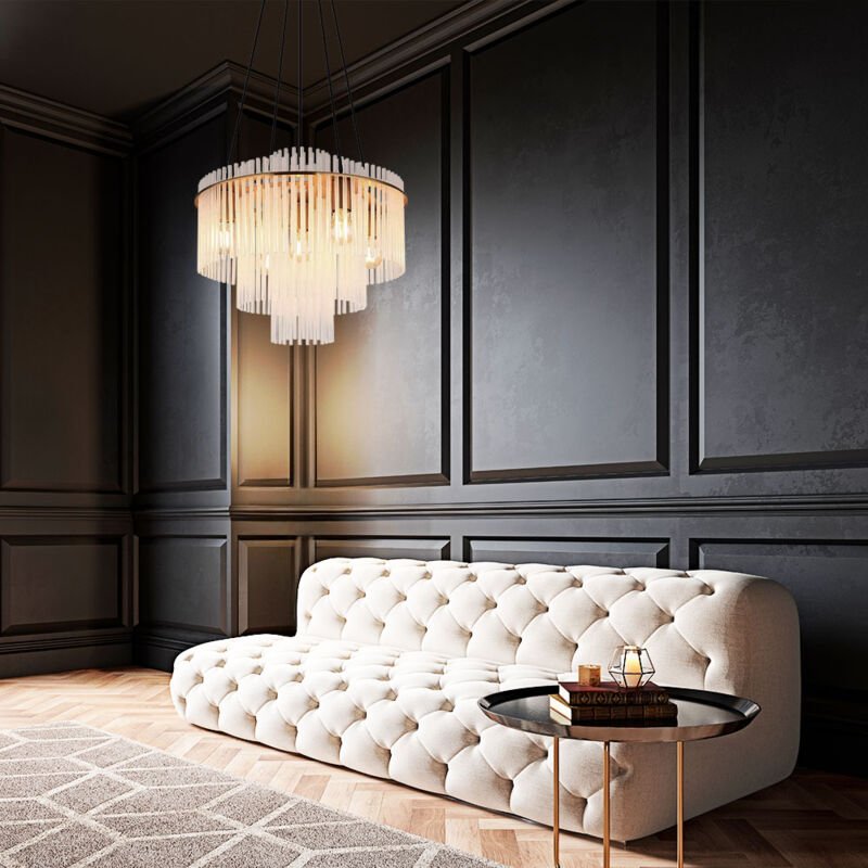 Thumbnail - Kronleuchter 5 flammig Hängelampe gold Glasstäbe opal Wohnzimmerlampe Esstischleuchte, Metall, 5x E27, DxH 50 x 120 cm