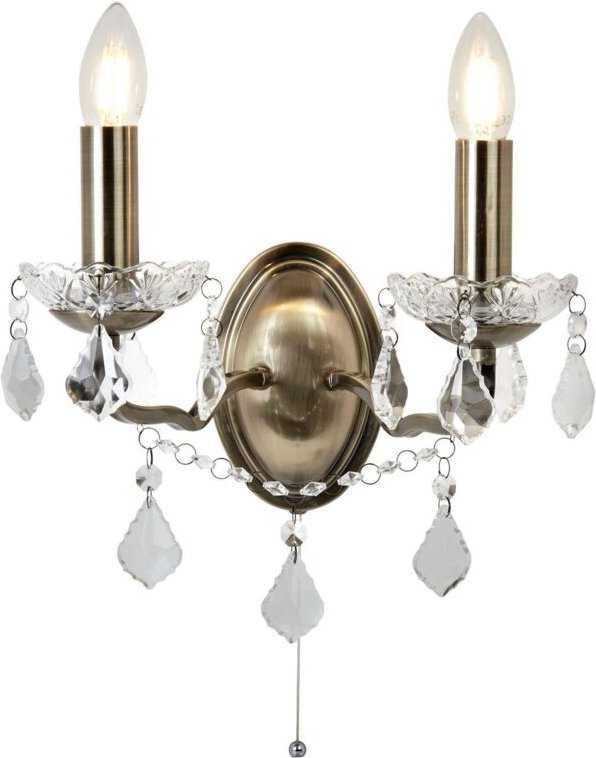 Paris - 2 Licht Innenkerze Wandleuchte Antik Messing, Klar mit Kristallglas, E14 - Searchlight