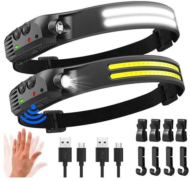 Extrem leistungsstarke LED-Stirnlampe, 2000 Lumen, 230° Abstrahlwinkel, USB-aufladbar, Bewegungssensor, IPX5 wasserdicht...