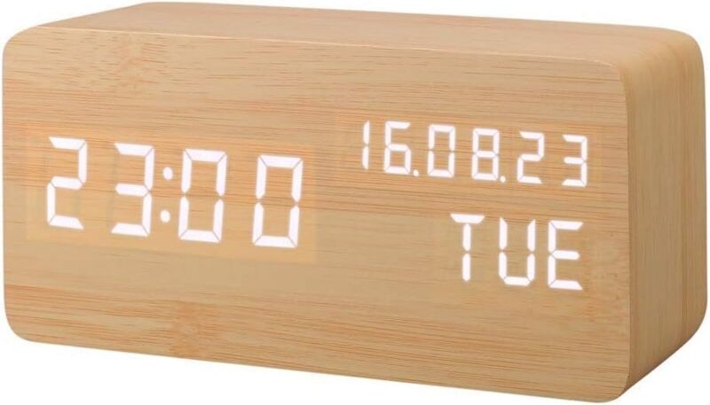 LED-Wecker aus Kunstholz, Digitaluhr, Tonaktivierung mit Temperatur, Luftfeuchtigkeit, Kalender, Helligkeit, Batterie, U...