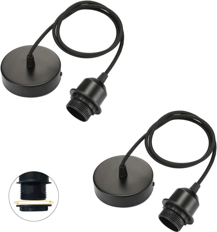 2er-Set Pendelleuchten E27 mit schraubbarem Ring, verstellbares Textilkabel 100 cm, Pendelleuchte kompatibel mit Lampens...