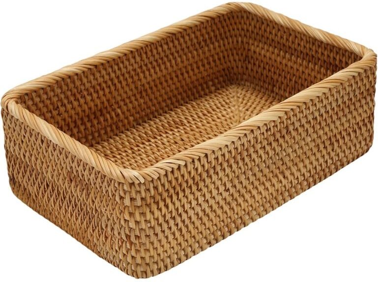 Handgewebter rechteckiger Rattan-Weidenkorb, Obst-, Tee-, Snack-, Brot-, Picknick-, Kosmetik-Aufbewahrungsbox, Küchen- u...