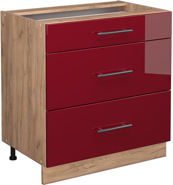 Küchenunterschrank Fame-Line, Bordeaux Hochglanz, 80 cm mit 3 Schubladen, ohne Arbeitsplatte Vicco