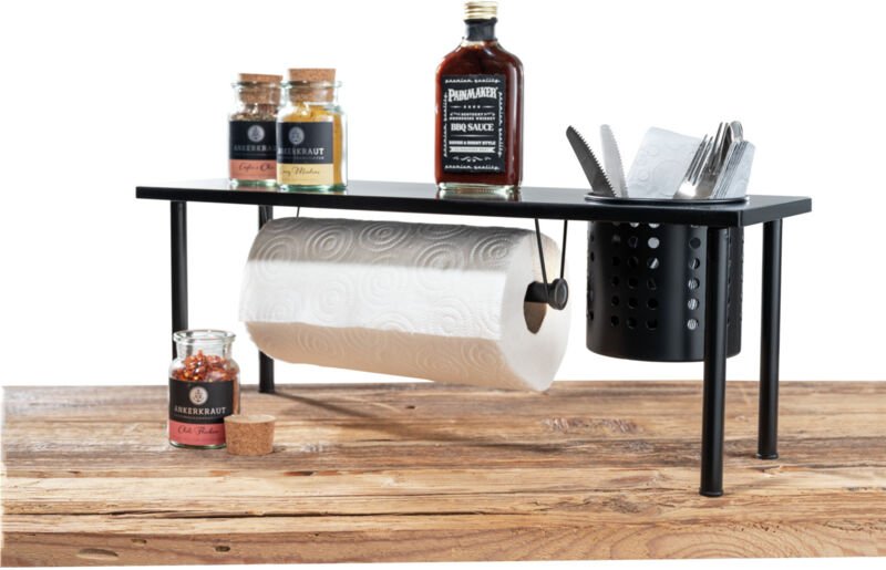 WENKO Regal mit Rollenhalter Blanco, Küchenregal mit Halterung für alle gängigen Küchenrollen, Schwarz, MDF schwarz, Ede...