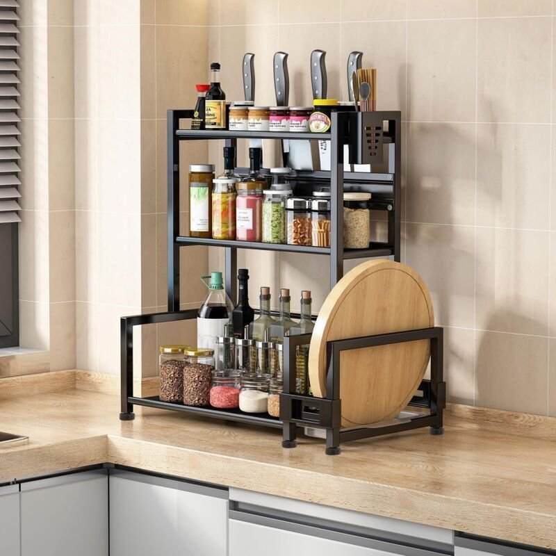 Dreistöckiges, stehendes Gewürzregal – Großes Fassungsvermögen – Metall mit Utensilienhalter und Schneidebretthalter – S...