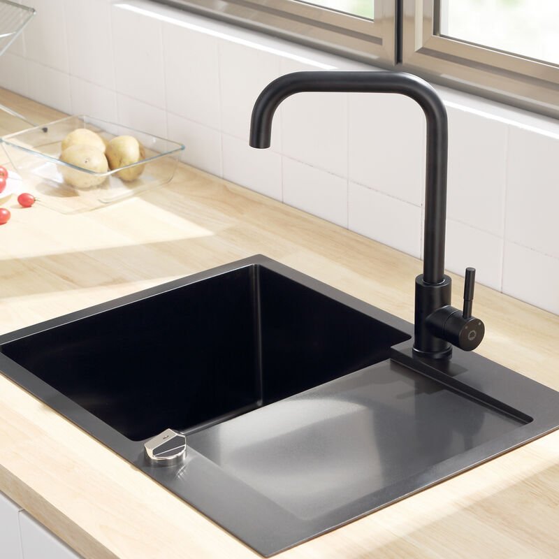 Wasserhahn Küche Schwarz aus Edelstahl, Küchenarmatur Schwarz 360° Drehbar, Spültischarmatur Küche mit hohem, gebogenem ...