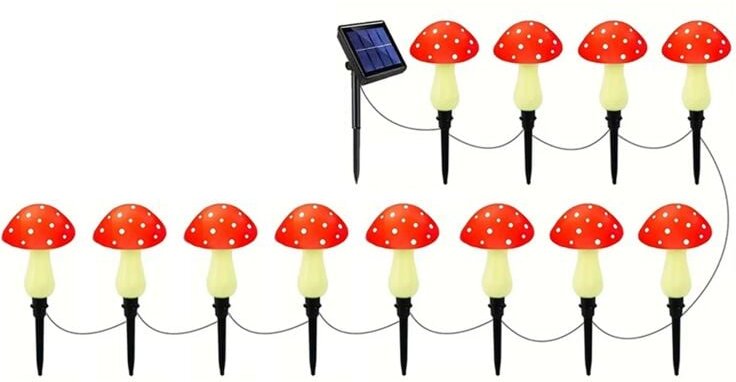 Solar-Lichterkette mit Pilzmotiv, für den Außenbereich, Dekoration für Gartenwege, 12 Stück