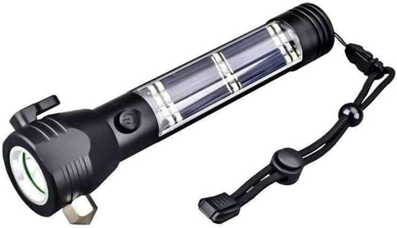 Multifunktionale Solar-Taschenlampe, wiederaufladbar über USB und Solarladung mit Hammer