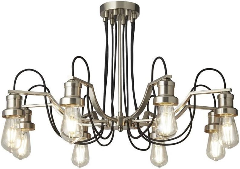 Olivia 8-flammige Decke, schwarzes geflochtenes Stoffkabel, Satinsilber - Searchlight
